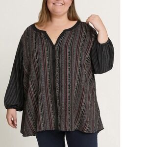 Catherines Pink Black Geometric‎ Button Up 3/4 Sleeve Y Neck Blouse Size 5X